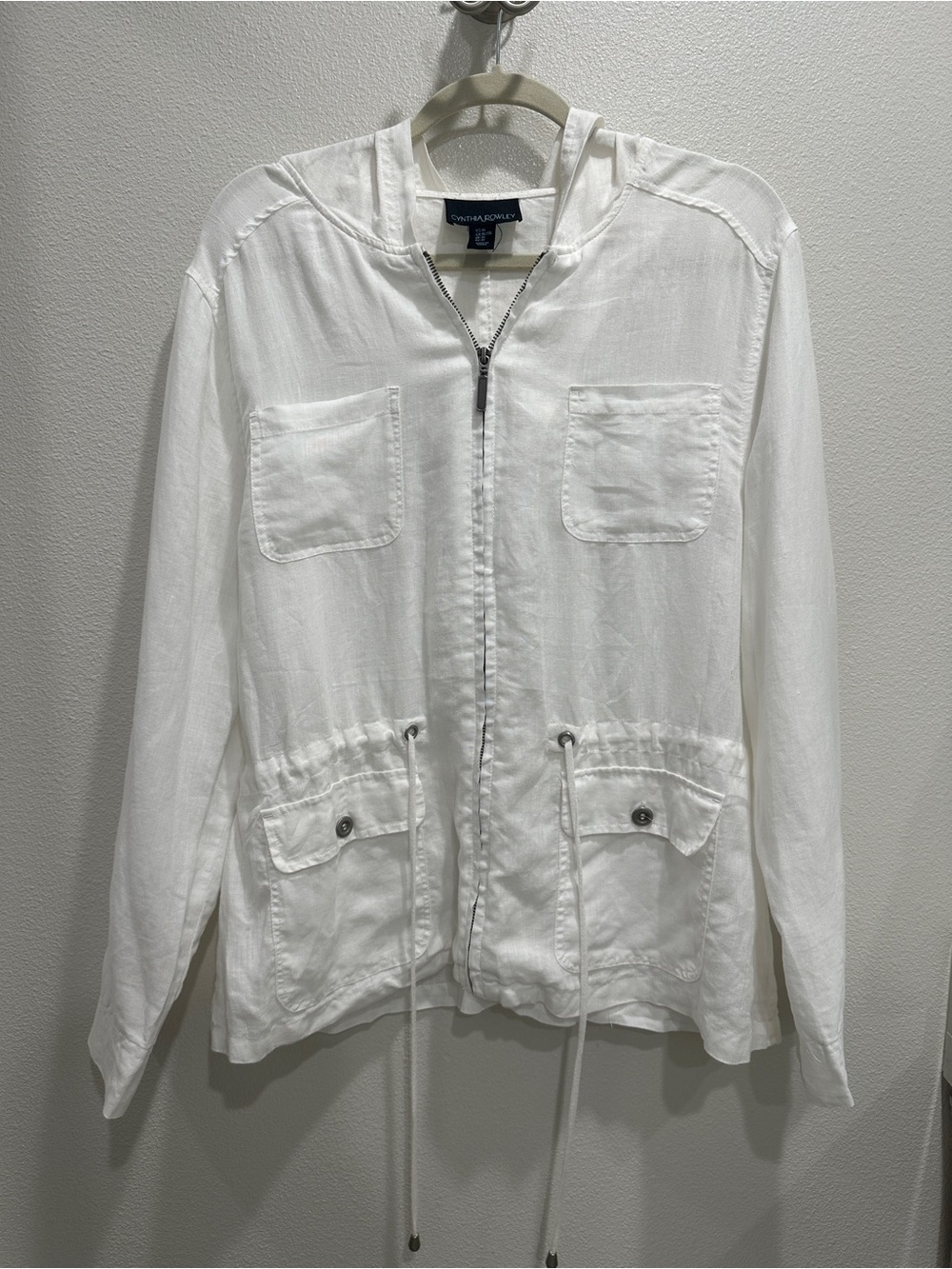 Cynthia Rowley Linen White Hooded Zip Utility Jacket